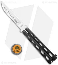 Bear & Son 30th Anniversary 114B Black Butterfly Knife (4.3" Satin) -Knives And Tools Bear and Son Anniversary 114 Black Butterfly Satin BHQ 121775 jr bottlecap