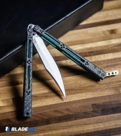 Hom Design Basilisk-R Balisong Butterfly Knife CF W/Teal Liners (4.6" Stonewash) -Knives And Tools Hom Design Basilisk R Balisong Butterfly Knife CF Teal Liners SW BHQ 89528 kp desk tray web