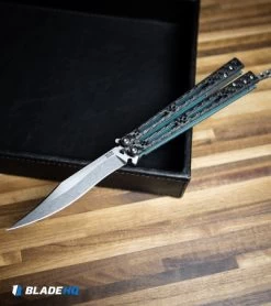 Hom Design Basilisk-R Balisong Butterfly Knife CF W/Teal Liners (4.6" Stonewash) -Knives And Tools Hom Design Basilisk R Balisong Butterfly Knife CF Teal Liners SW BHQ 89528 kp desk web