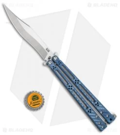 Hom Design Basilisk-R Balisong Butterfly Knife Blue Twill (4.6" Satin) -Knives And Tools Hom Design Basilisk R Balisong blue twill satin BHQ 68782 er size